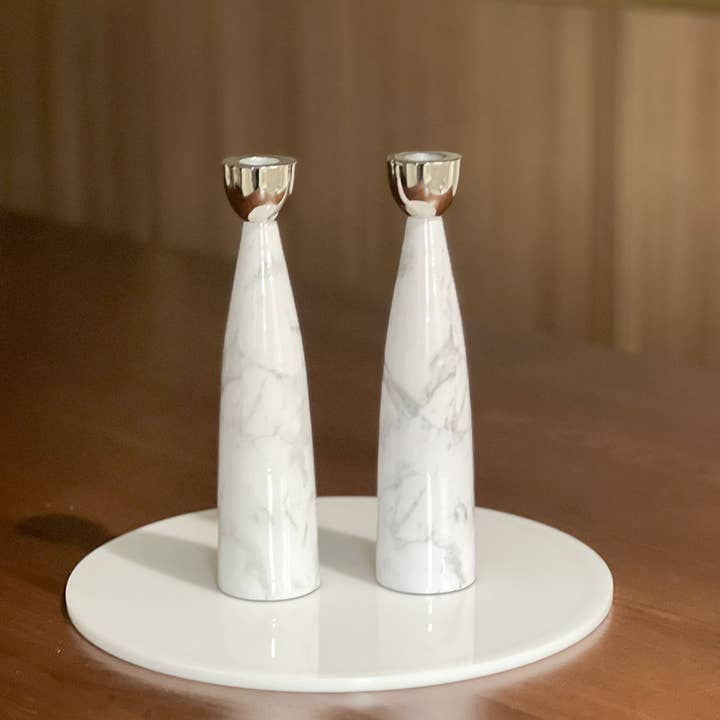 Boker-Tov Shalom - Wholesale Candle Holder - Grey Marble Candlesticks with Silver Holders1
