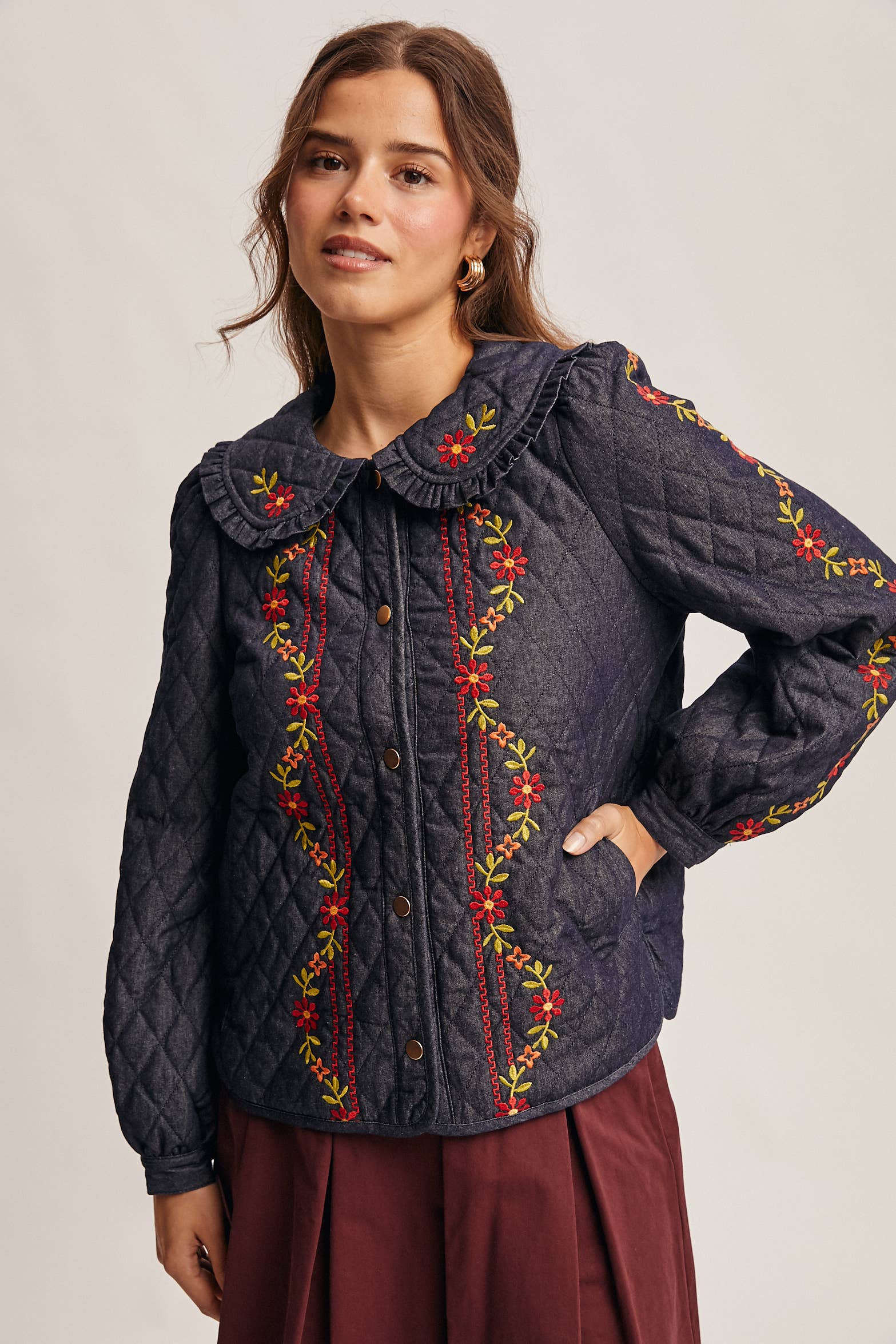 Midnat Indigo Broderet quiltet denimjakke FJ0008 for engroshandel på Faire12