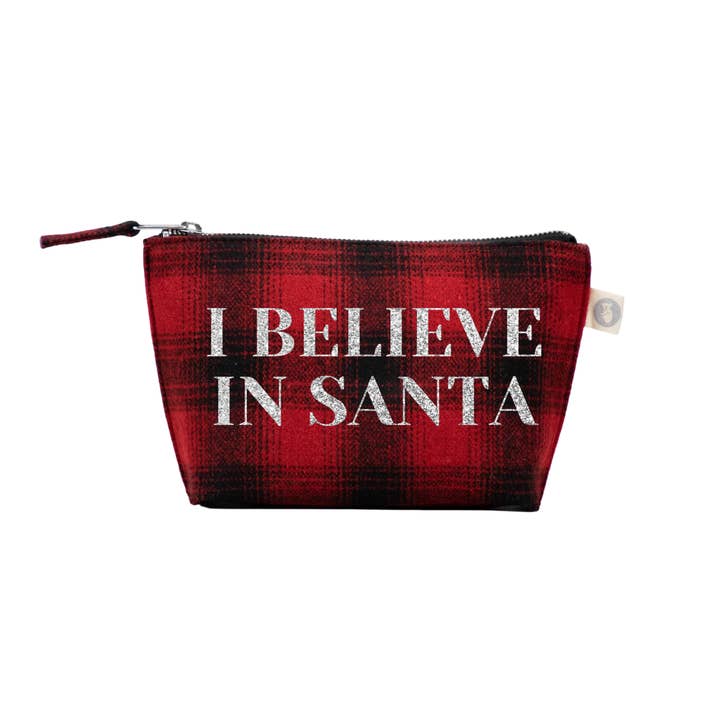 Quilted Koala - Wholesale Makeup/Cosmetic Bag - Red Flannel Makeup Bag - Silver Glitter I BELIEVE IN SANTA