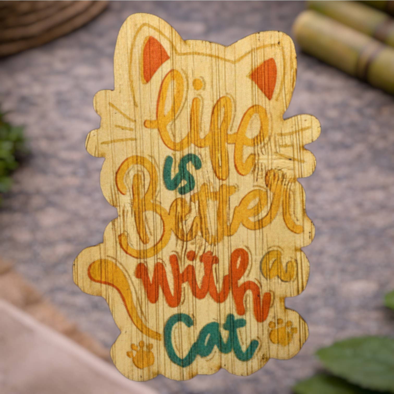 Bamboo Wood Stickers – wholesale Sticker – Life Is Better W/ a Cat0