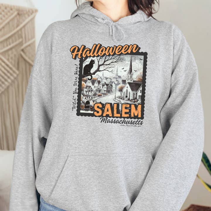 Halloween Salem Massachusetts Postcard Stamp Unisex Heavy Blend Hooded Sweatshirt Hoodie for wholesale by with love, aj.