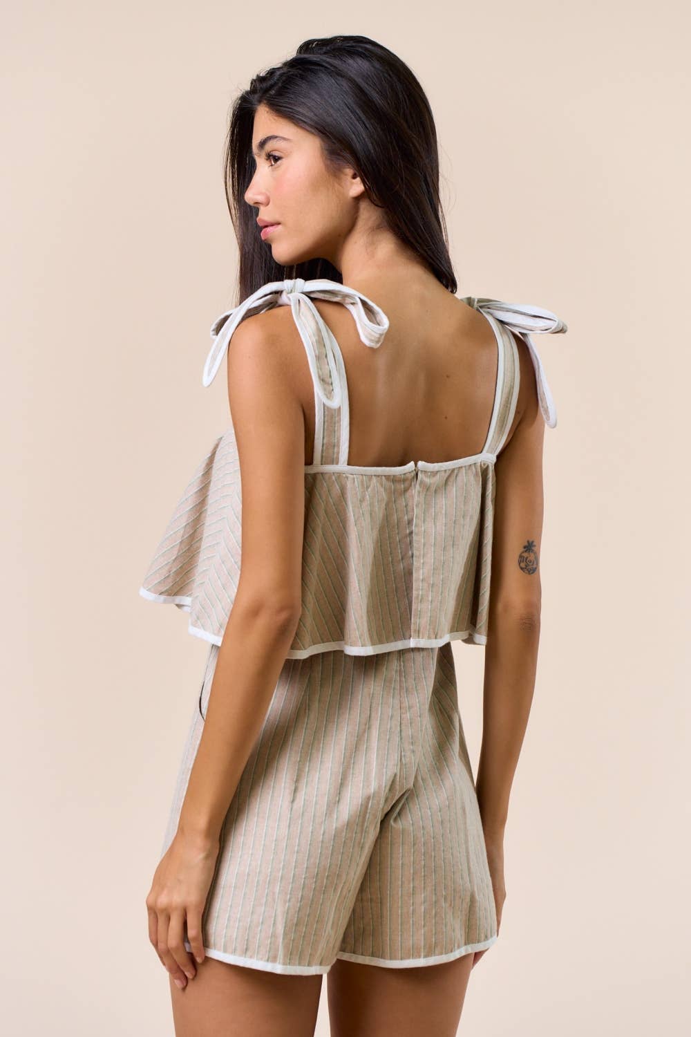 TAUPE GREEN ILR4556 Contrast Hem Bow Tie Romper  for wholesale on Faire3