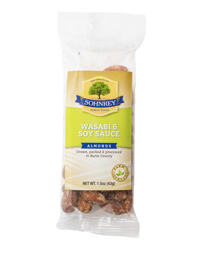 Wasabi & Soy Almonds 1.5 oz for wholesale by Sohnrey Family Foods LLC