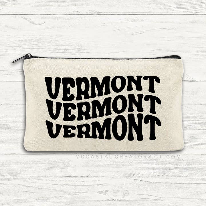 Vermont with Wavy Text Multi-Use Canvas Zipper Pouch Bag for wholesale by Coastal Creators of Connecticut