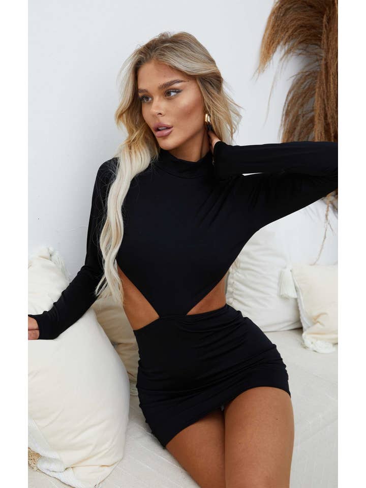 Femme Luxe - Wholesale Dress - Women's - Black High Neck Long Sleeve Cut Out Side Bodycon2