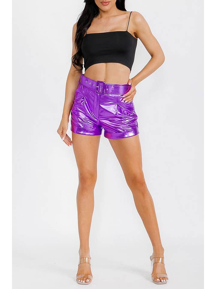 ROUSSEAU - Wholesale Shorts - Women's - BUTTON CLOSURE BELTED FRONT POCKETS METALLIC SHORT14