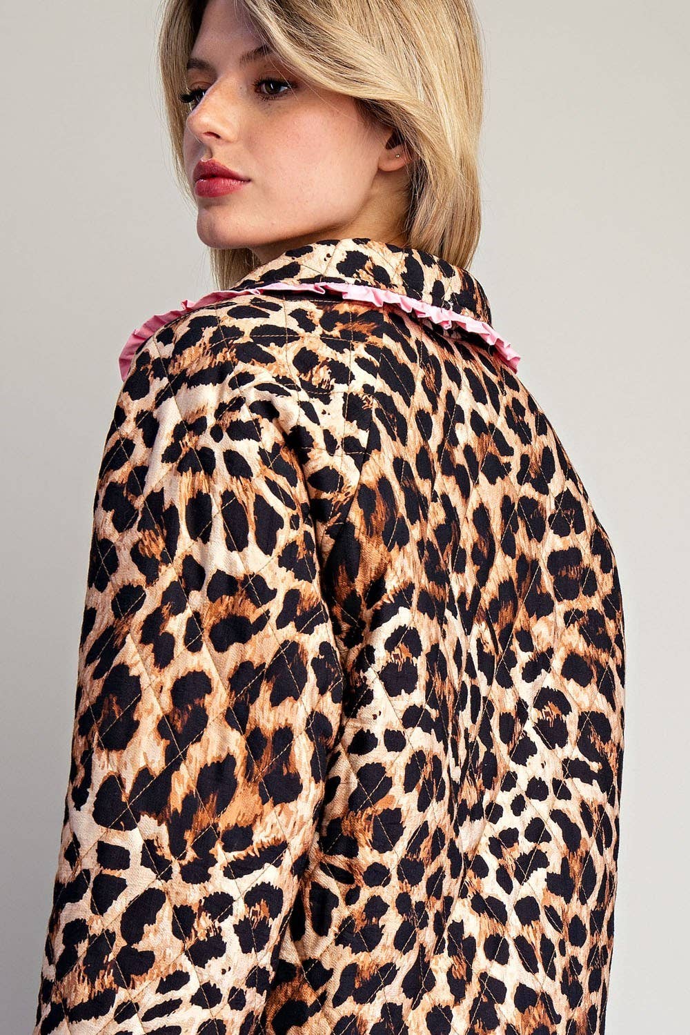 BROWN PL9358 - LEOPARD QUILTED PINK CONTRAST TIE FRONT JACKET for wholesale on Faire8