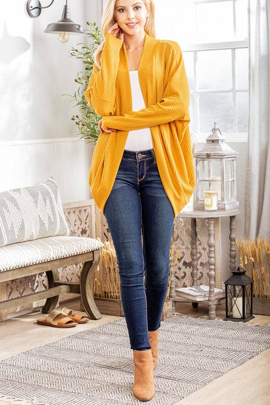 HEIMISH - Wholesale Cardigan - Women's - SJ1107-11 WAFFLE SOLID HIGH LOW OPEN CARDIGAN3