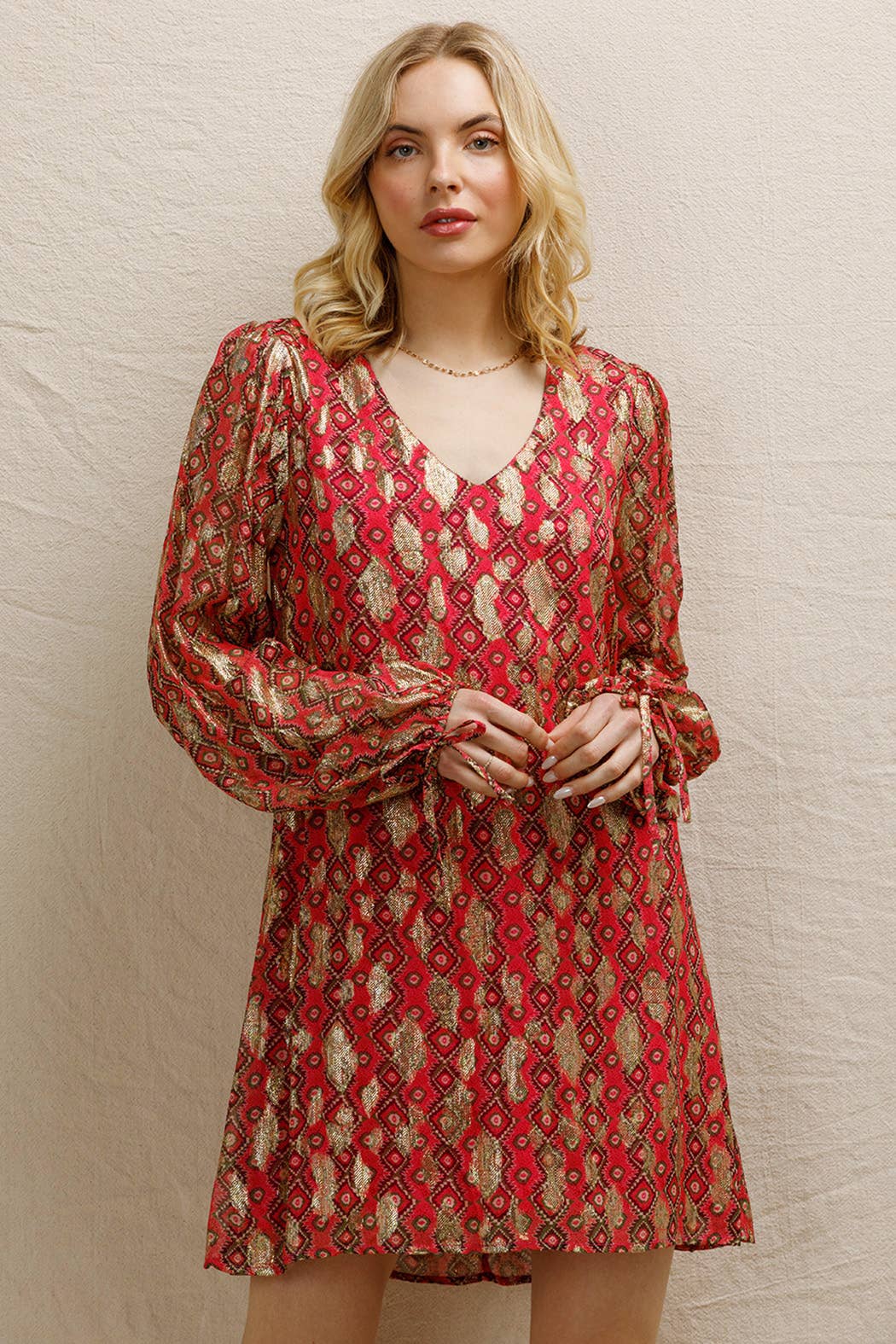 Rose Multi Mini-robe à manches longues à pois en lurex en vente sur Faire1