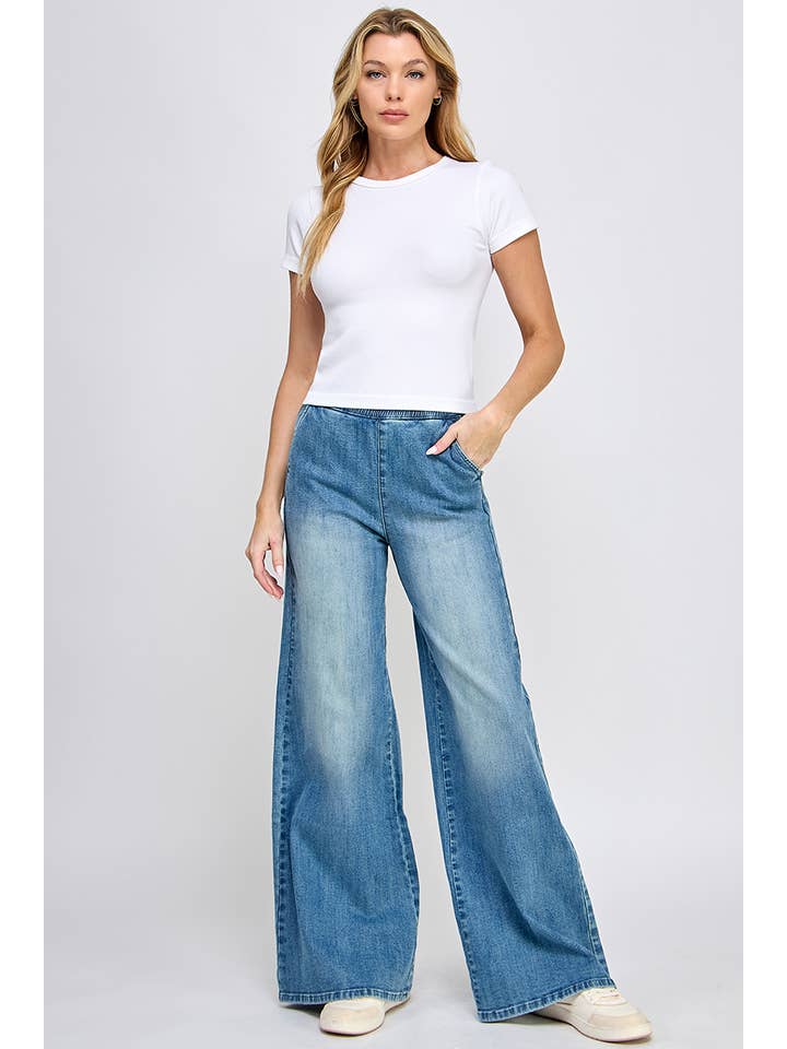 SAIGE DENIM - Wholesale Jeans - Women's - P8106M-HIGH RISE PULL ON WIDE LEG WITH ELASTIC WAISTBAND