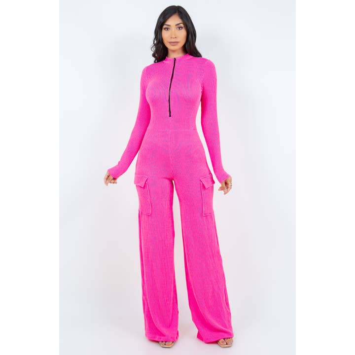 Combinaison cargo à fermeture éclair côtelée J7576 pour la vente par Uptown Apparel