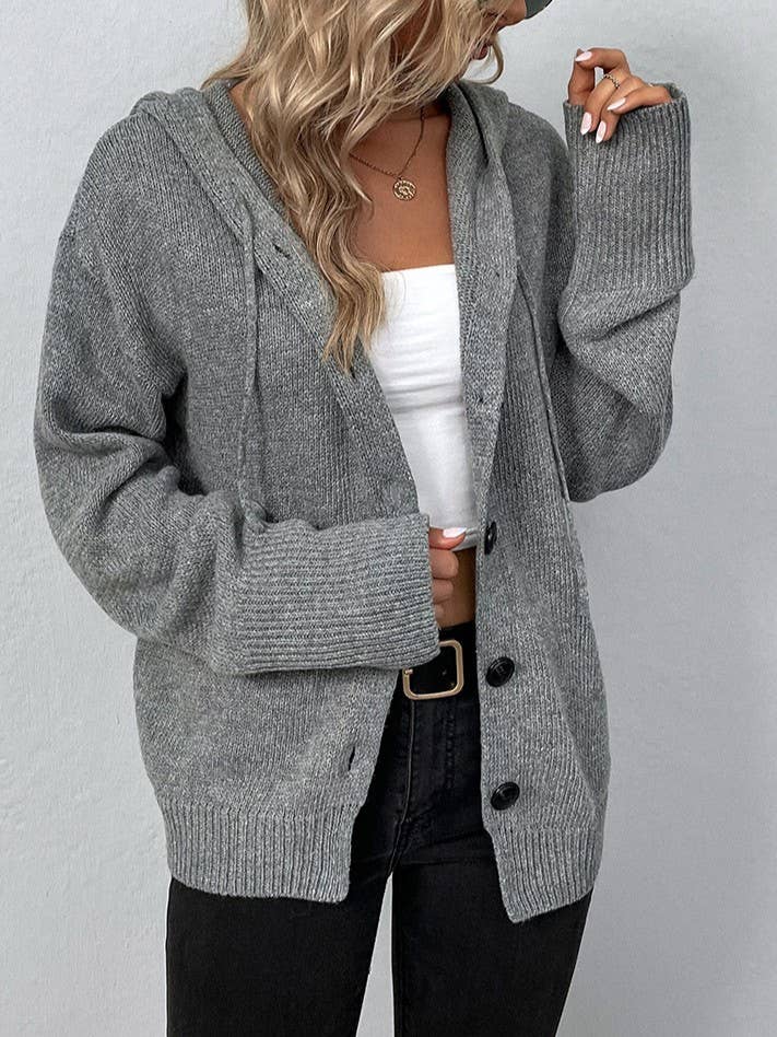 Single Breasted Solid Color Hooded Drawstring Knit Cardigan for wholesale by Rosa Clothing