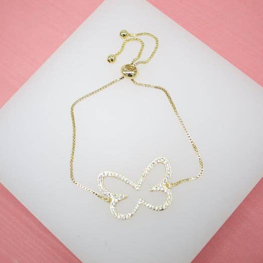18K Gold Filled Butterfly Adjustable Bracelet With Clear CZ Stones (I378) for wholesale by MIA Jewelry