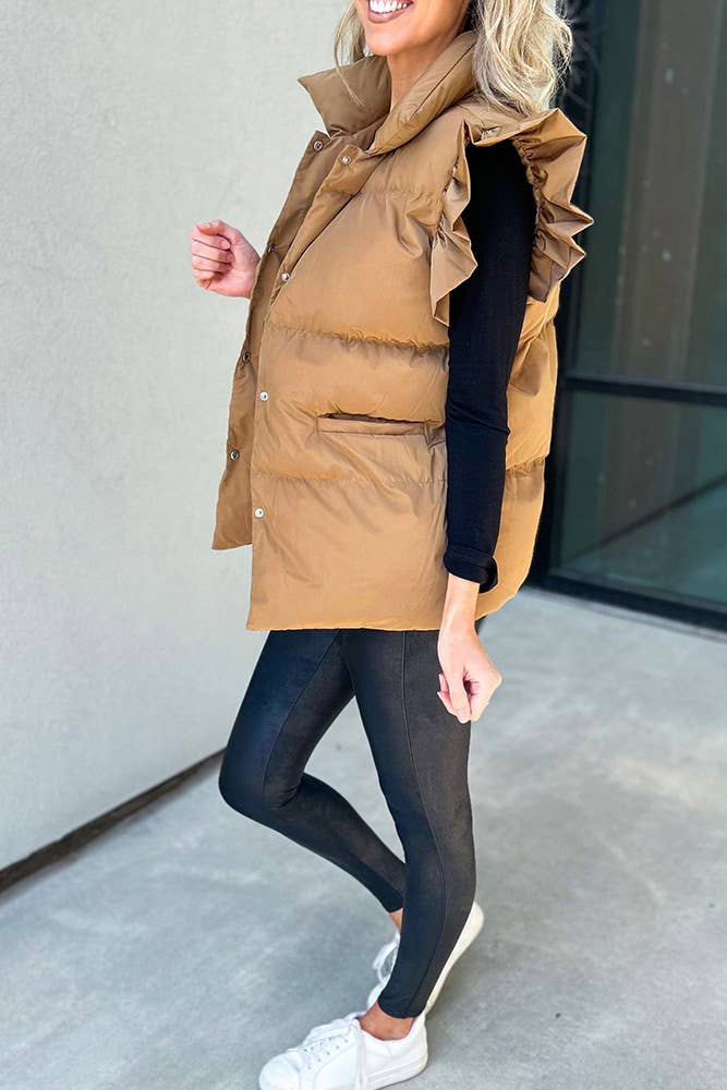 UNISHE – Colete - Mulher por atacado – Casaco Puff com Mangas Flutter Liso Buttoned CY1485