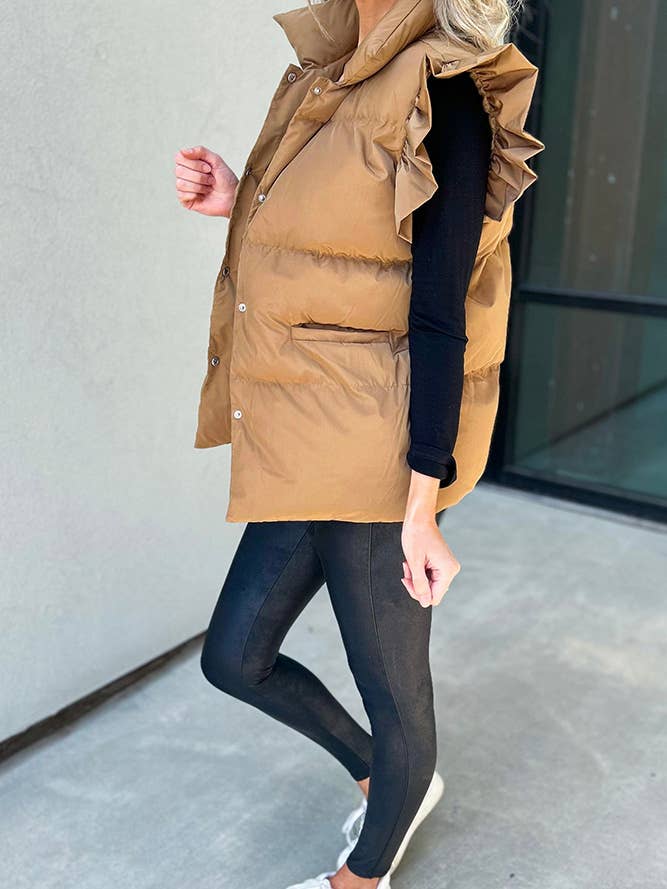 UNISHE - Wholesale Outerwear Vest - Women's - Plain Flutter Sleeves Puff Buttoned Vest Jacket CY1486