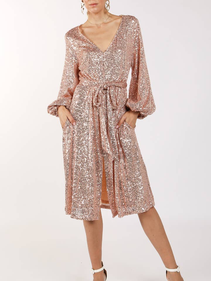 Sequin Deep V-Neck Midi Dress MK3001 for wholesale by Beulah Style