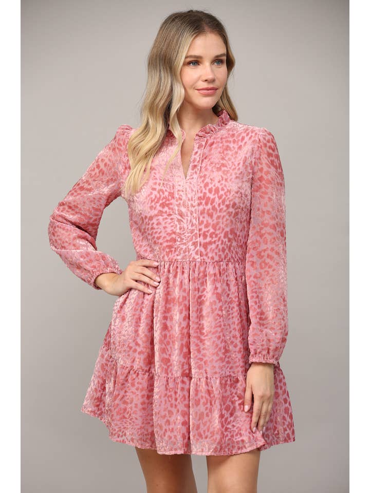 MAUVE BURNOUT VELVET SPLIT NECK RUFFLE DRESS FD35171 for wholesale on Faire