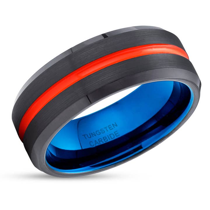 Orange Tungsten Ring - Black Tungsten Wedding Band - Blue Tungsten - Brush for wholesale by Lucky Love Rings