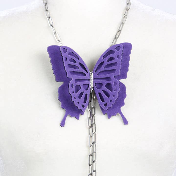 Fashion Butterflies - Venta al por mayor Broches - Broche grande de mariposa de terciopelo morado | Gargantilla | Collar2