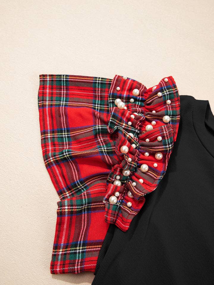 FASHION BLVD - Wholesale Blouse - Women's - FB Plaid Patchwork Pearl Beaded Ruffle Sleeve T-Shirt15