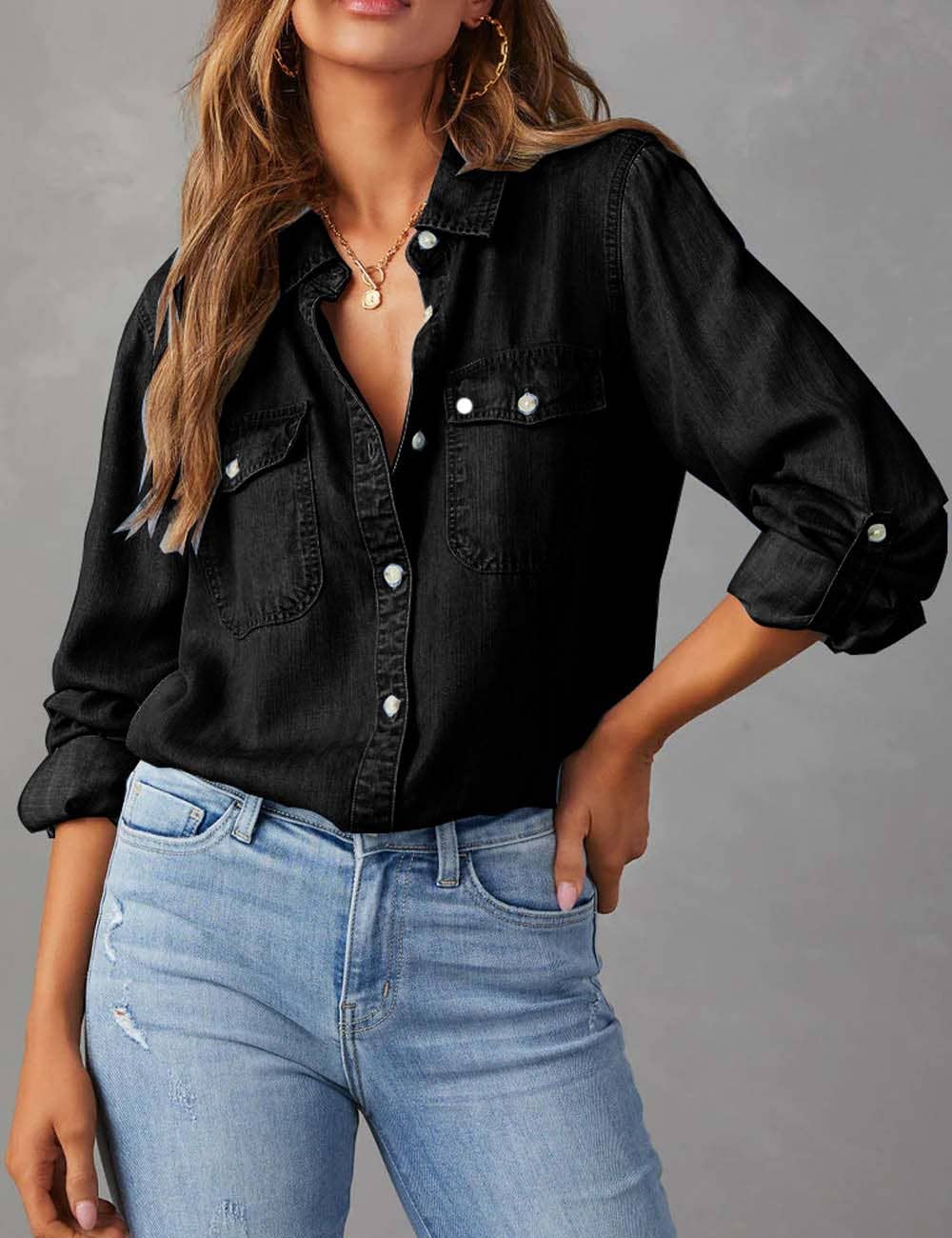 Dipped Shop - Wholesale Button Down Shirt - Women's - Casual Lapel Collar Button Down Denim Shirt DP25E5685