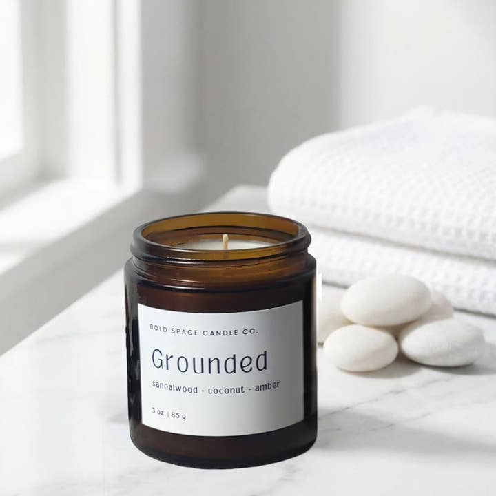 Grounded- Sandalwood + Coconut - 3 oz. Amber Soy Candle for wholesale by Bold Space Candle Co.