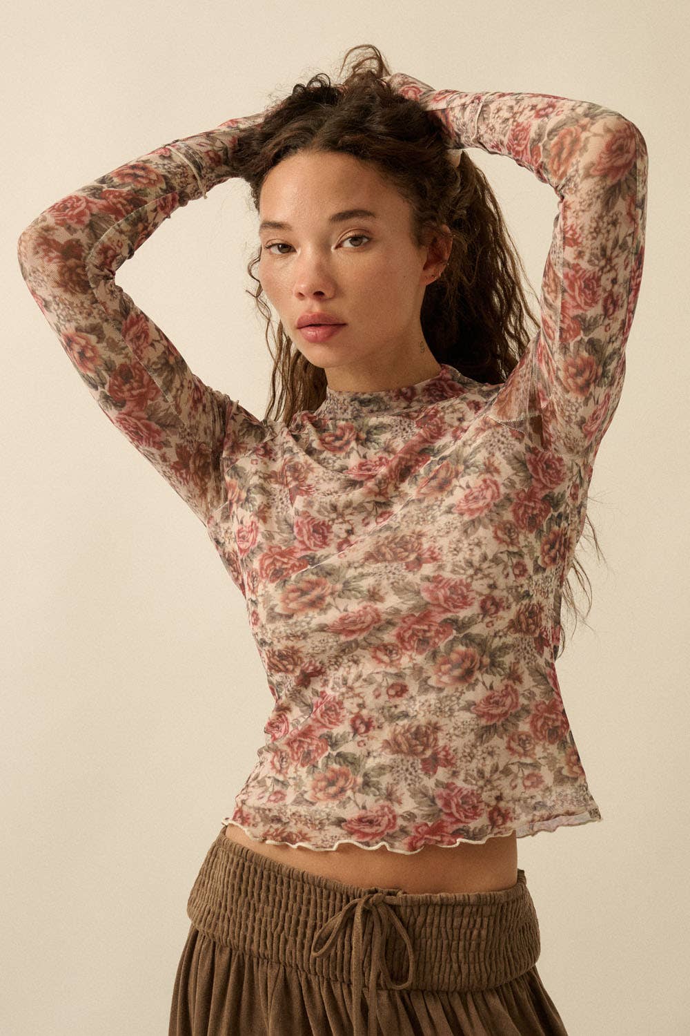 Promesa USA - Wholesale Knit Top - Women's - Floral-Print Mesh Thumbhole Mock-Neck Top8