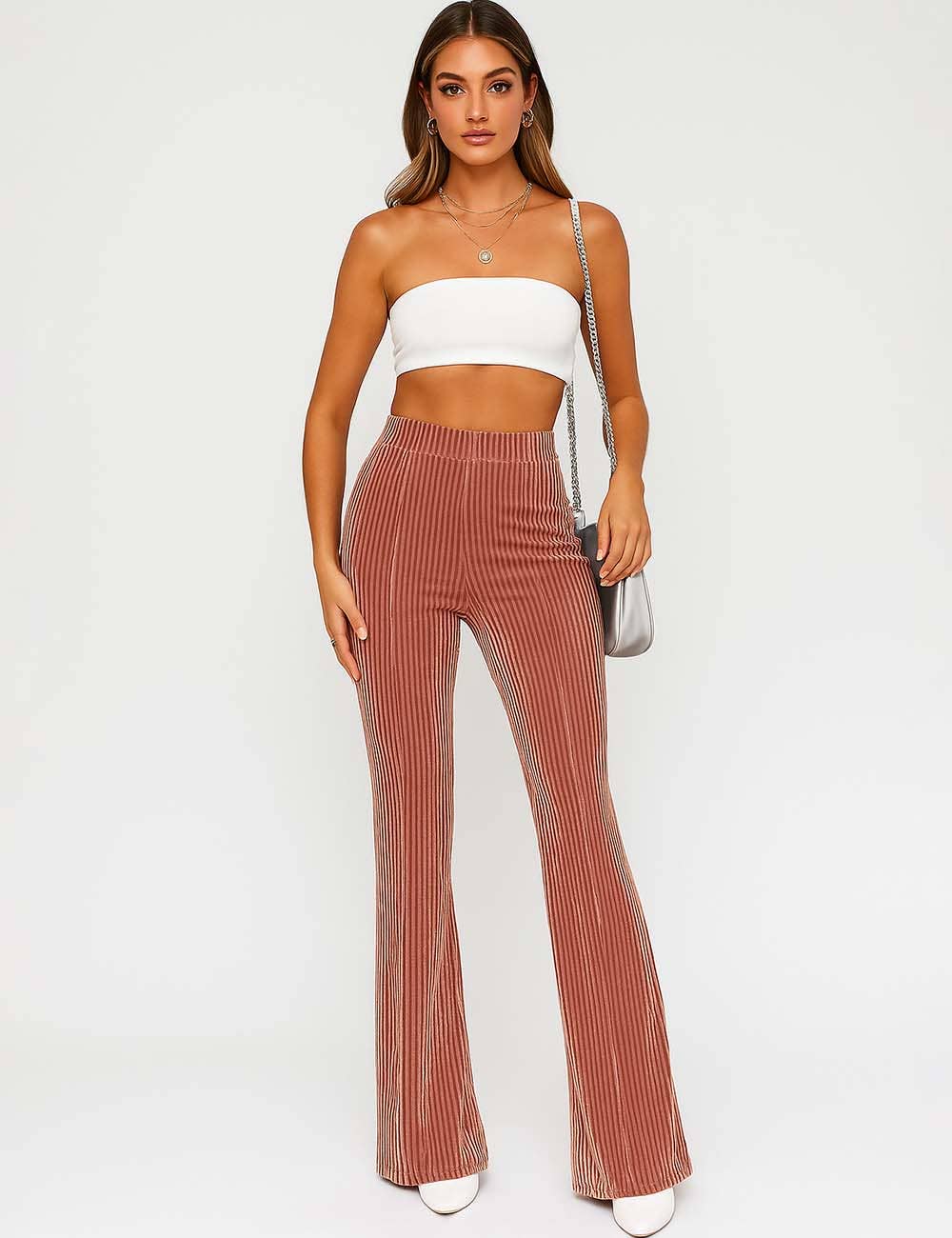 Sweetkama - Vendita all'ingrosso Pantalone - Donna - Pantaloni in Velluto a Coste da Donna a Vita Elastica a Tinta Unita Leggermente Svasati5