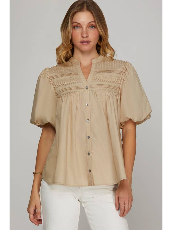 Peace Love Line - Wholesale Blouse - Women's - PL5241 - STAND NECK PINTUCK DETAIL WOVEN TOP