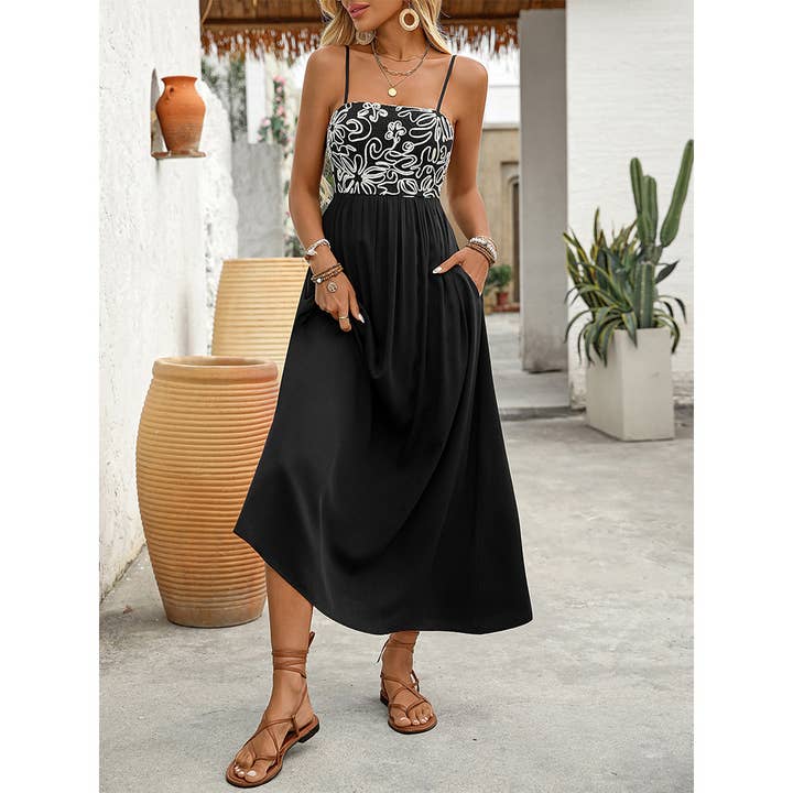 Black Summer Ethnic Style Floral Splice Cami Dress for wholesale on Faire