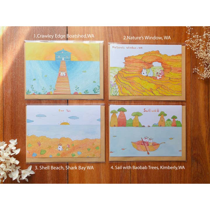 Set mit 4 Grußkarten im Landschaftsstil „Australia Journey“ für den Großhandel von ENJOY ILLUSTRATION ART
