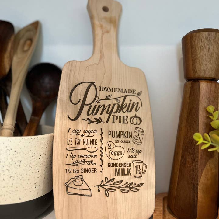 Pumpkin Pie Recipe Engraved Serving Board with Handle – Maple or Walnut for wholesale by Seeds & Sawdust