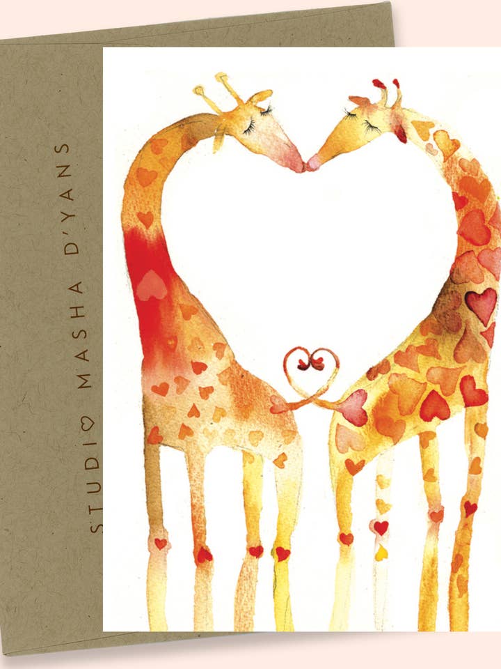 GRUSSKARTE MIT HERZ-GIRAFFEN-AQUARELL für den Großhandel von Studio Masha D'yans
