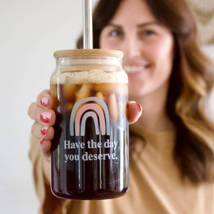 Olive & Emma - Wholesale Drinking Glass/Cup - Rainbow Iced Coffee Glass Cup with Bamboo Lid and Straw