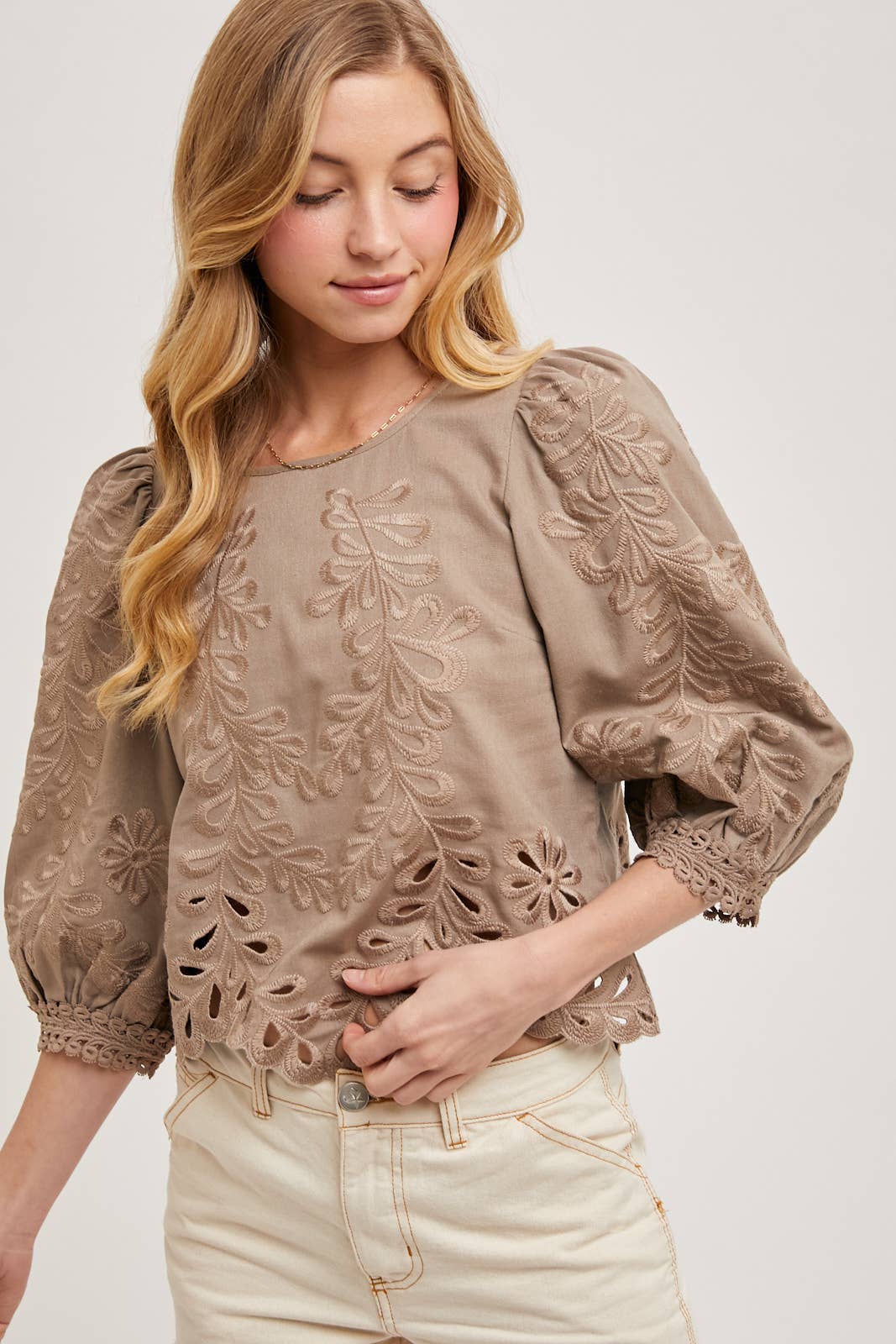 Bluivy - Wholesale Blouse - Women's - LACE CUTOUTS BOTTOM HEM BUBBLE SLEEVED TOP - EASTER DAY12