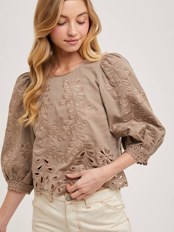 Bluivy - Wholesale Blouse - Women's - LACE CUTOUTS BOTTOM HEM BUBBLE SLEEVED TOP - EASTER DAY12
