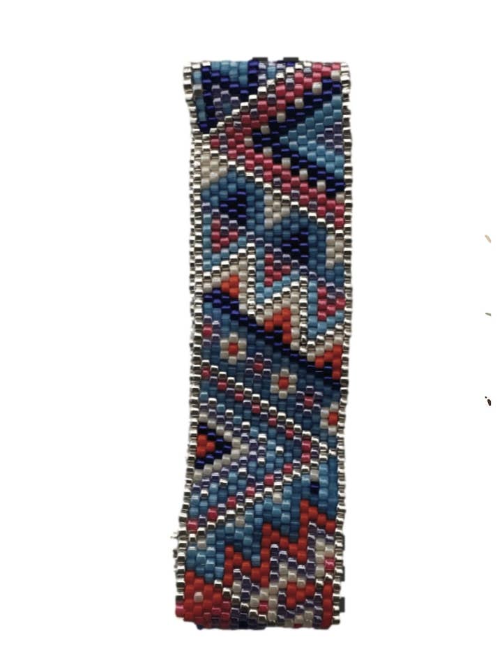 Peyote Handmade Bracelt in red, white, and blues for wholesale by Foxy's Leotards