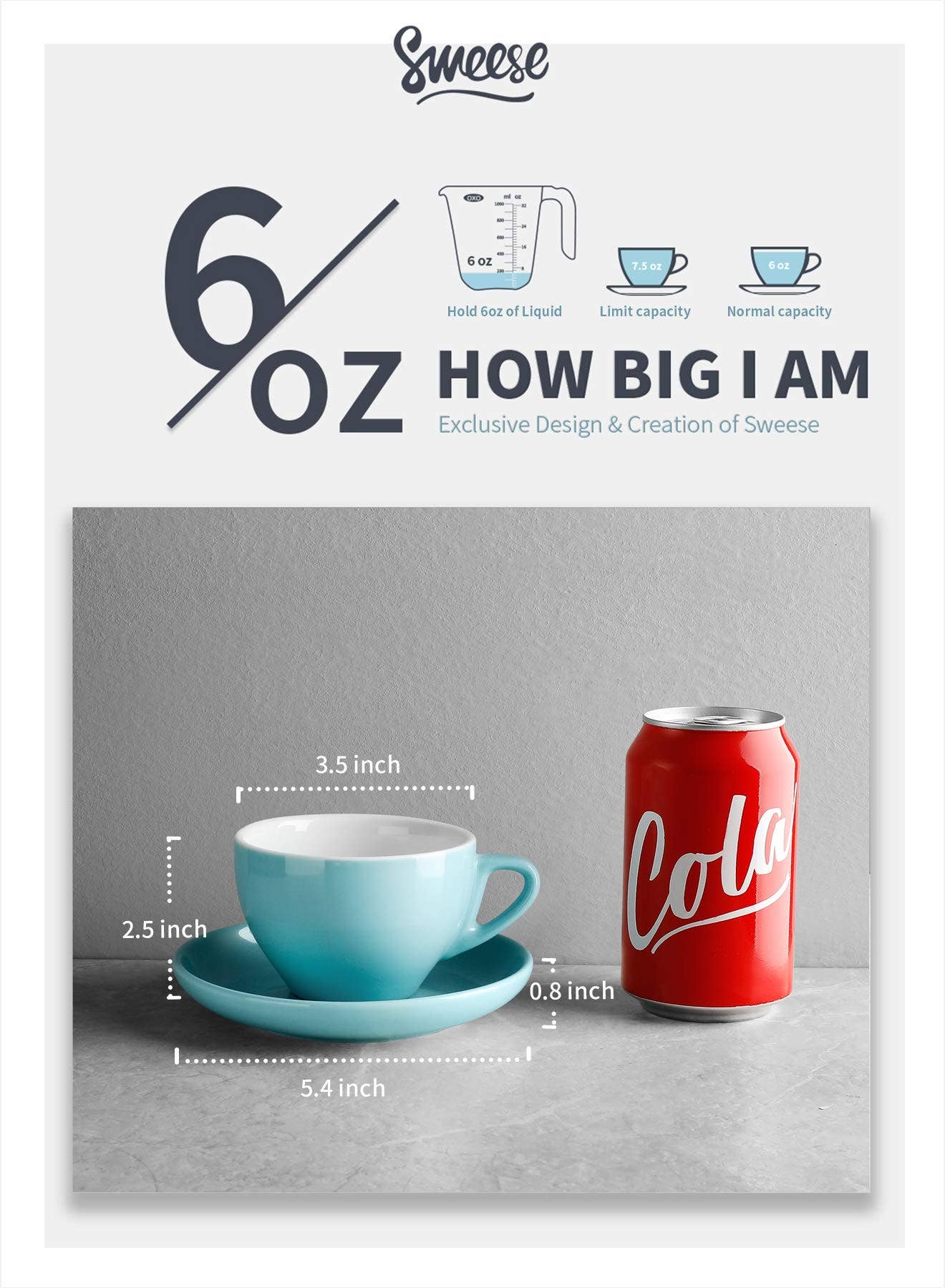 Sweese - Wholesale Coffee Mug - 6 Ounce Porcelain Cappuccino Cups with Saucers, Set of 64