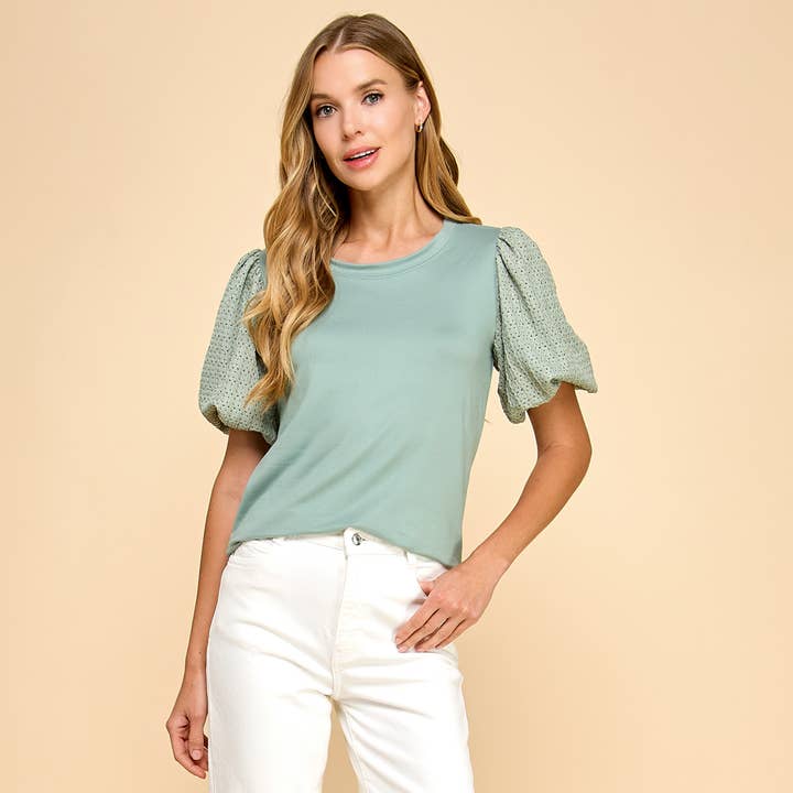 Les Amis - Wholesale Blouse - Women's - Solid Top with Contrast Puffed Sleeves
