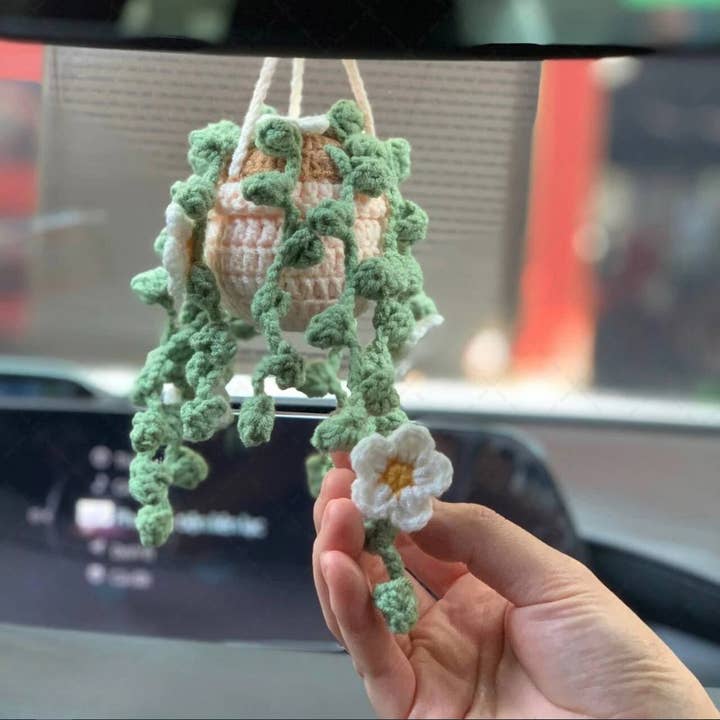 Crochet Succulent Daisy Flower Pot, Car Mirror Hanging Plant for wholesale by TOMOPOD LLC