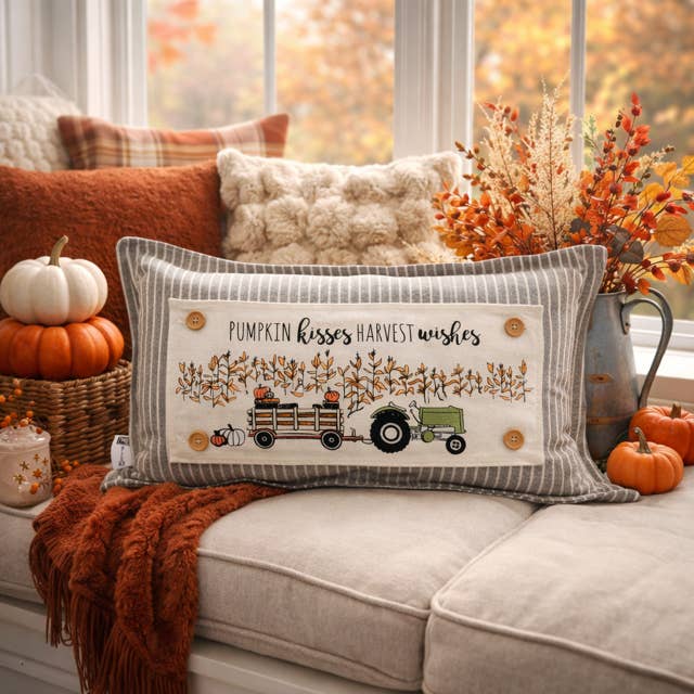 PANEL ONLY: Fall Autumn, pumpkins, cornstalks, field TRACTOR for wholesale by PillowPanels