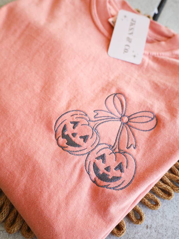 Pumpkin Cherries Embroidered Comfort Colors Tee for wholesale by JKSN & Co.
