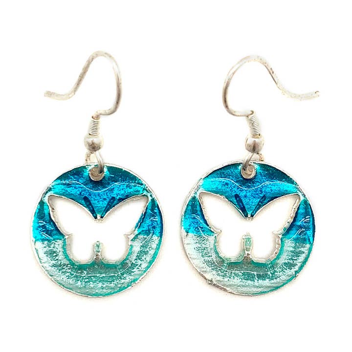 Pewter Earrings with Color Enamel - Butterfly in Teal/Aqua for wholesale by Anju Jewelry