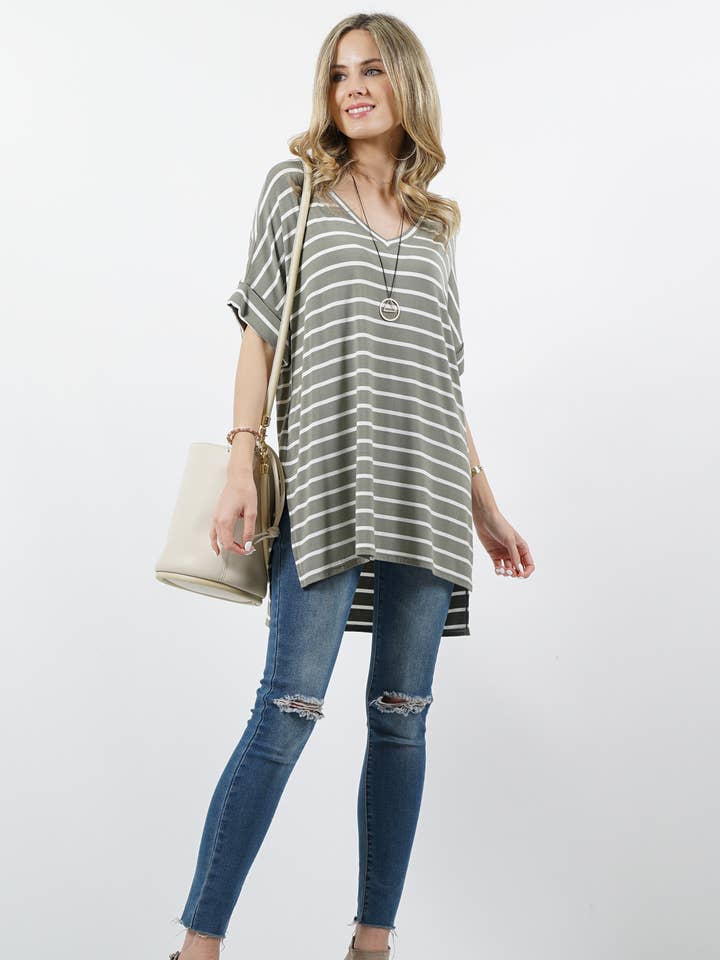 ....SI-16236 STRIPE ROLLED SHORT SLEEVE V-NECK for wholesale by 42POPS