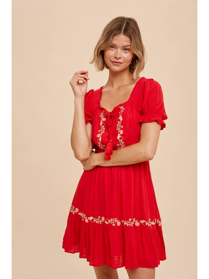 In Loom - Wholesale Dress - Women's - FLORAL EMBROIDERY PEASANT MINI DRESS