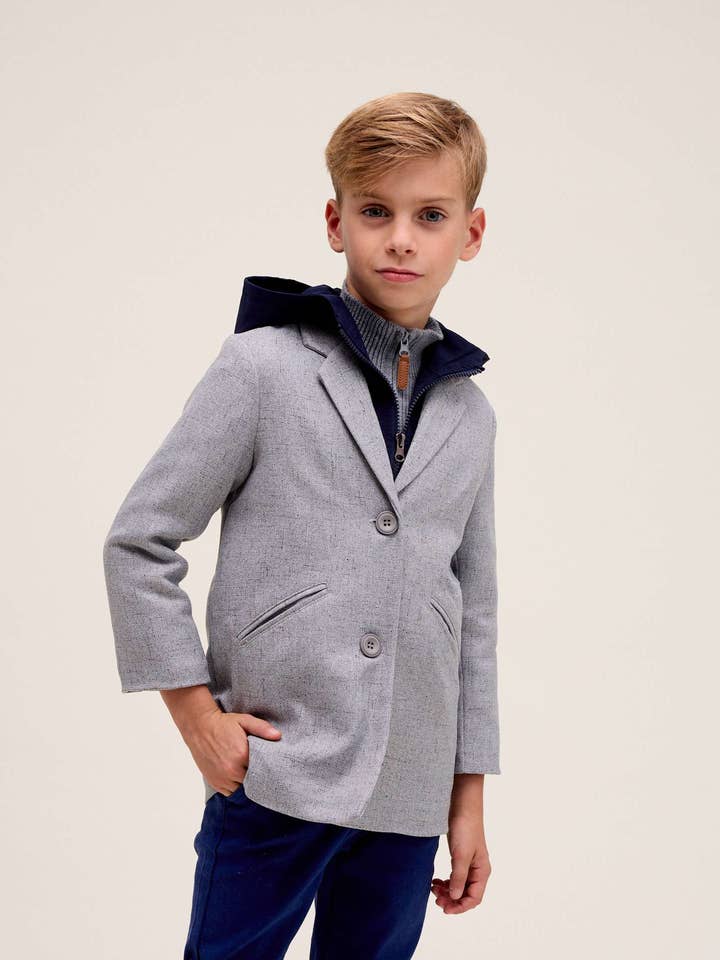 Boy's blazer-style coat in heather gray with a hood for wholesale by Dadati