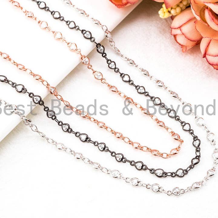 1 Fuß/Yard-Clear CZ Pavé herzförmige Perlenkette - 4 mm Cubic Zirkonia Perlen-Silber Roségold Rotgold-Lünette Rosenkranzkette, sku #E349 für den Großhandel von BestBeads&Beyond