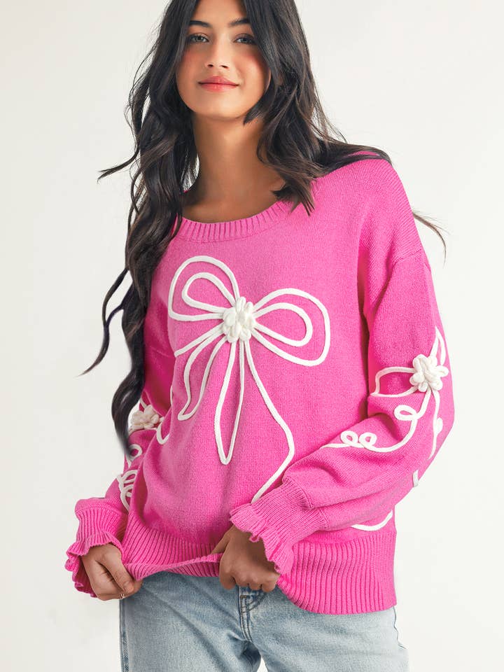 LDC Corded Flower Bow Ribbed Trim Casual Sweater for wholesale by Little Daisy Closet