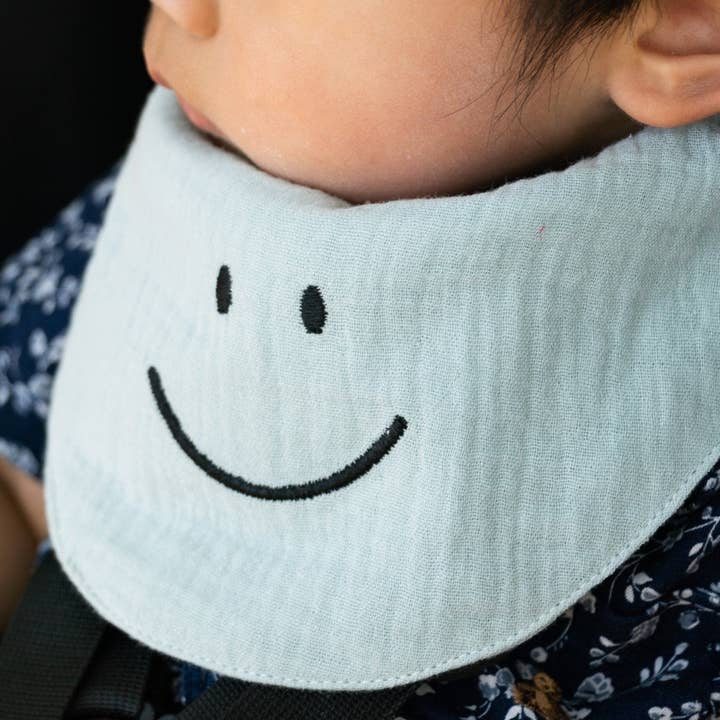 Embroidered Smiley Muslin Bandana Baby Bib for wholesale by MaMi & Me