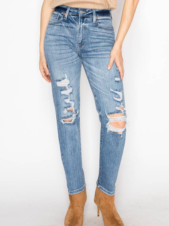 HIGH RISE STRETCH DISTRESSED MOM JEANS for wholesale by ARTEMIS VINTAGE